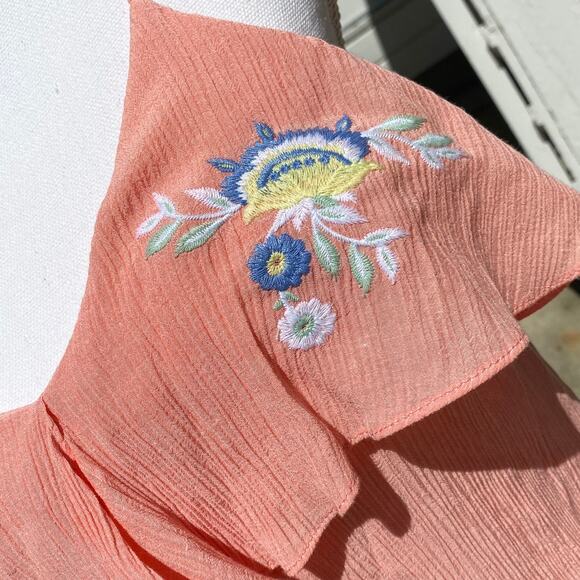 Floral Embroidered Prairie Collar Beach Coastal Pink Dress Sml Chiffon Sun Dress - Picture 2 of 8